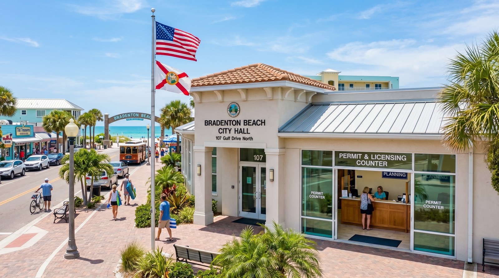 Bradenton beach city hall with permit and licensing counter - florida beach town