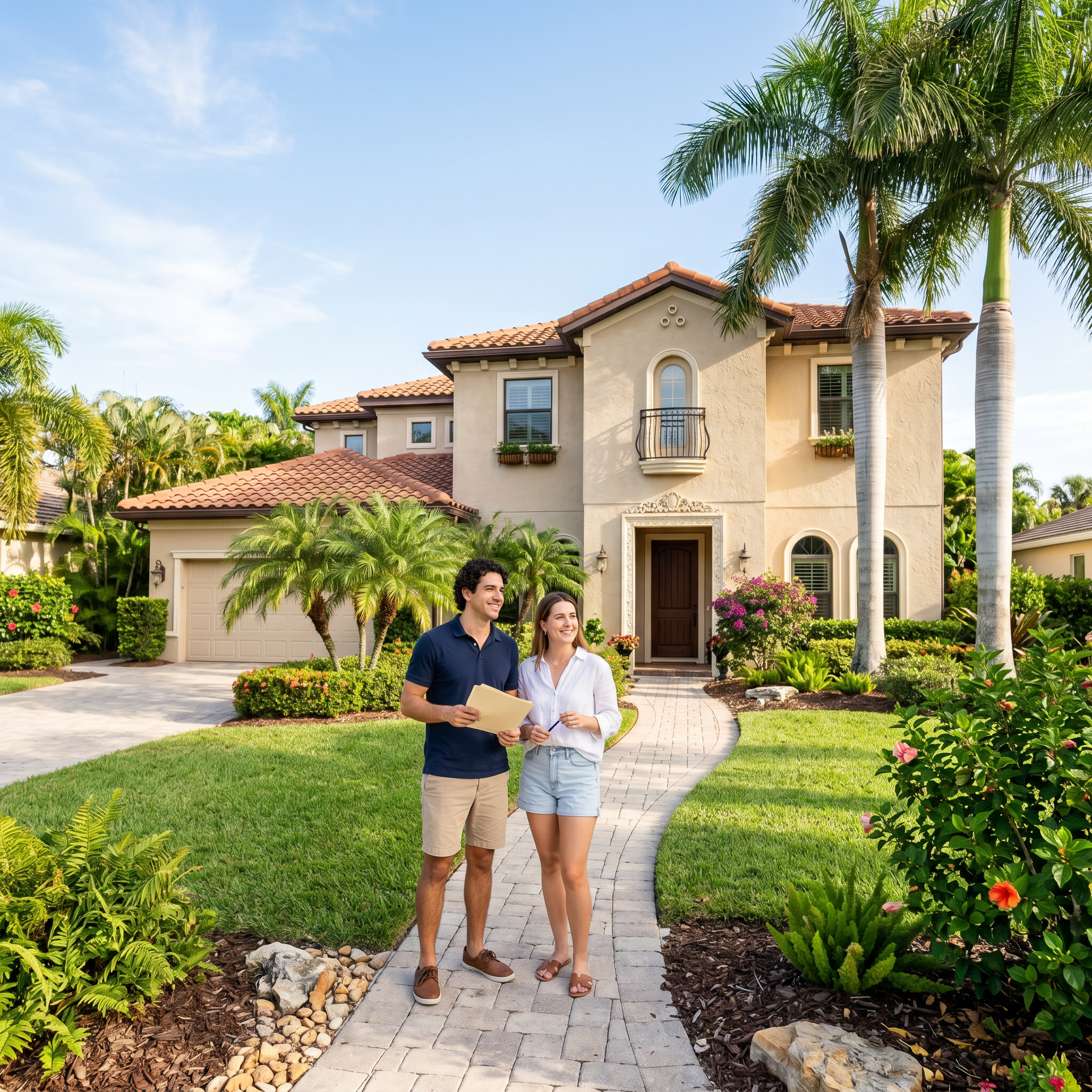 Young florida couple touring a home in sarasota, comparing 15-year vs 30-year mortgage options