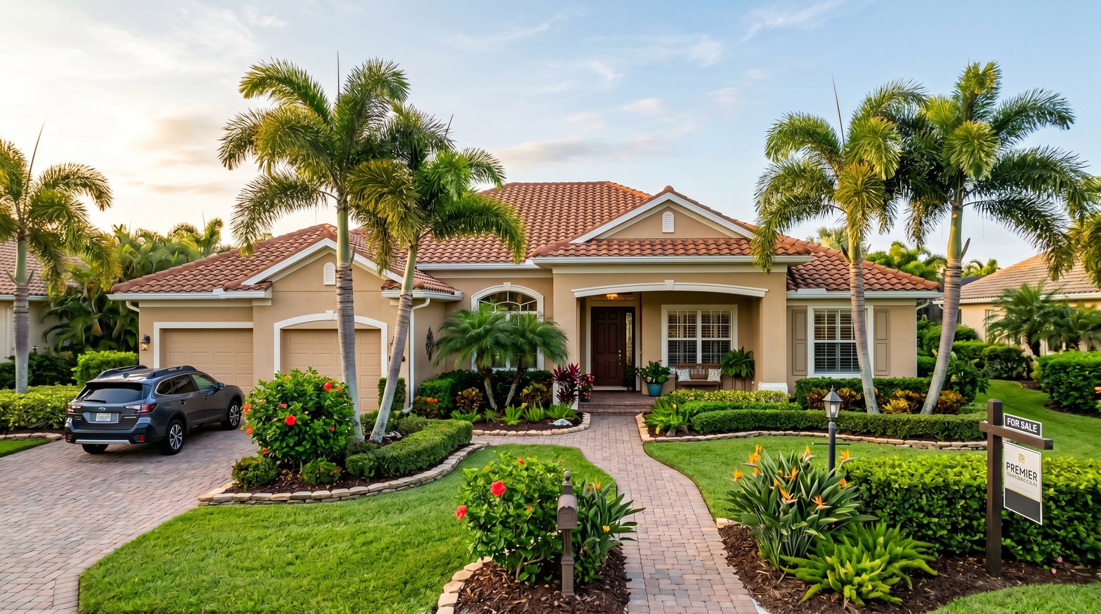 Florida home with palm trees and for sale sign - osprey property taxes