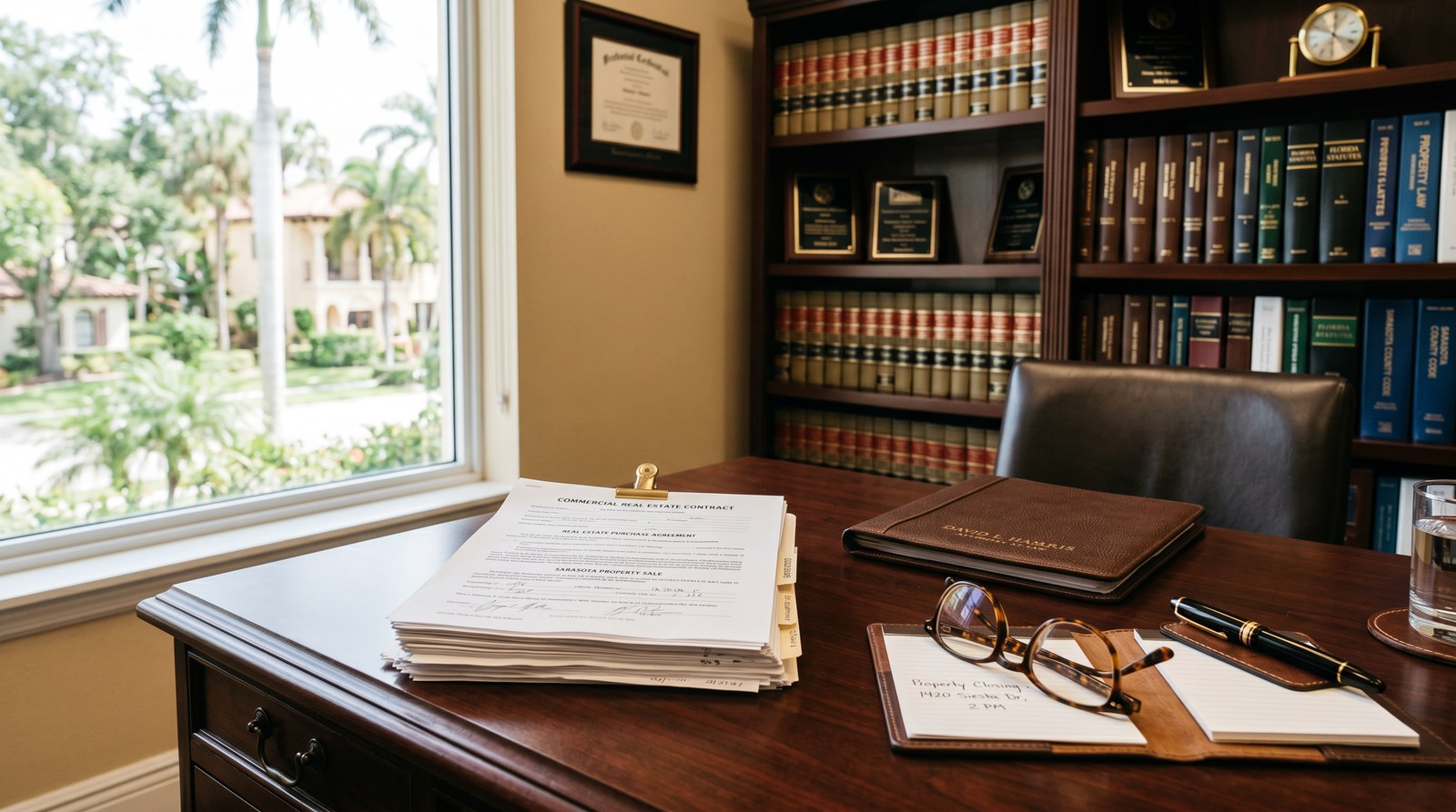 Law office desk with legal contracts - st. Armands real estate attorney