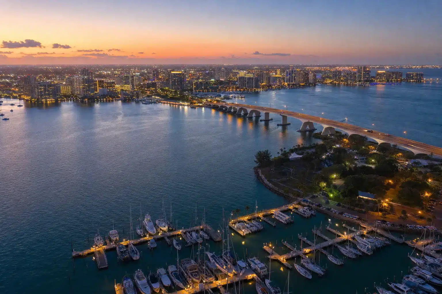 Team Renick — Sarasota &Amp; Manatee Real Estate | Live Mls Intelligence Aerial view of sarasota bayfront and the ringling bridge at blue hour