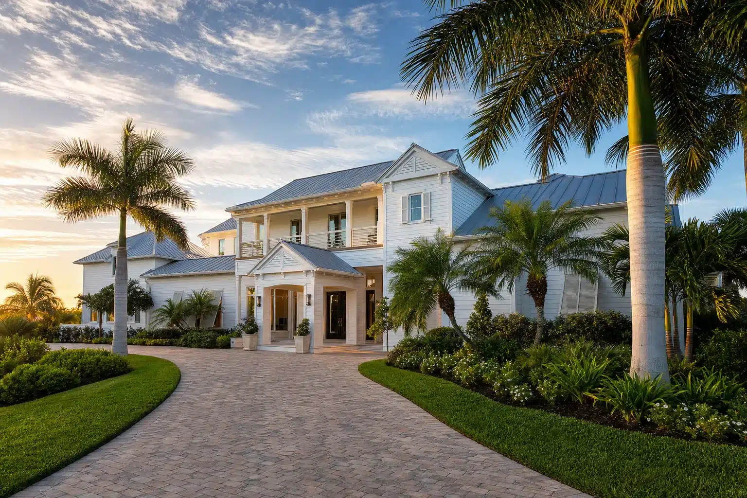 Team Renick — Sarasota &Amp; Manatee Real Estate | Live Mls Intelligence Elegant white coastal florida home with palm-lined driveway