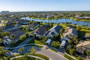 Sunny aerial of active gulf coast neighborhood