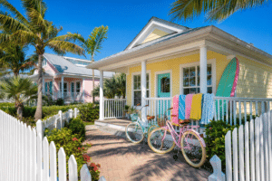 Cheerful pastel florida beach cottage with bicycles