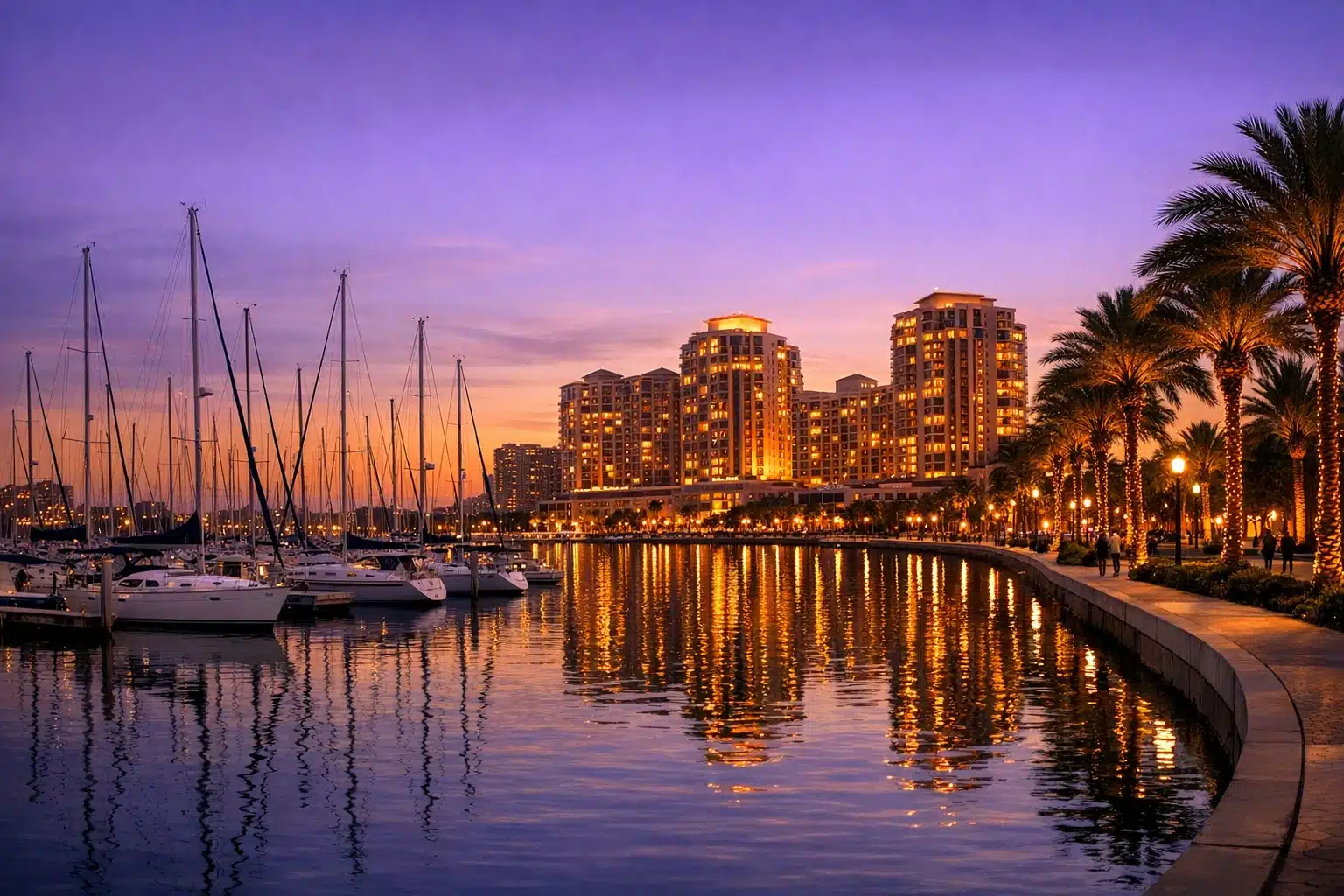 Sarasota bayfront marina with sailboats and condo towers at dusk