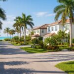 Ai-generated illustration of a palm-lined coastal residential street.