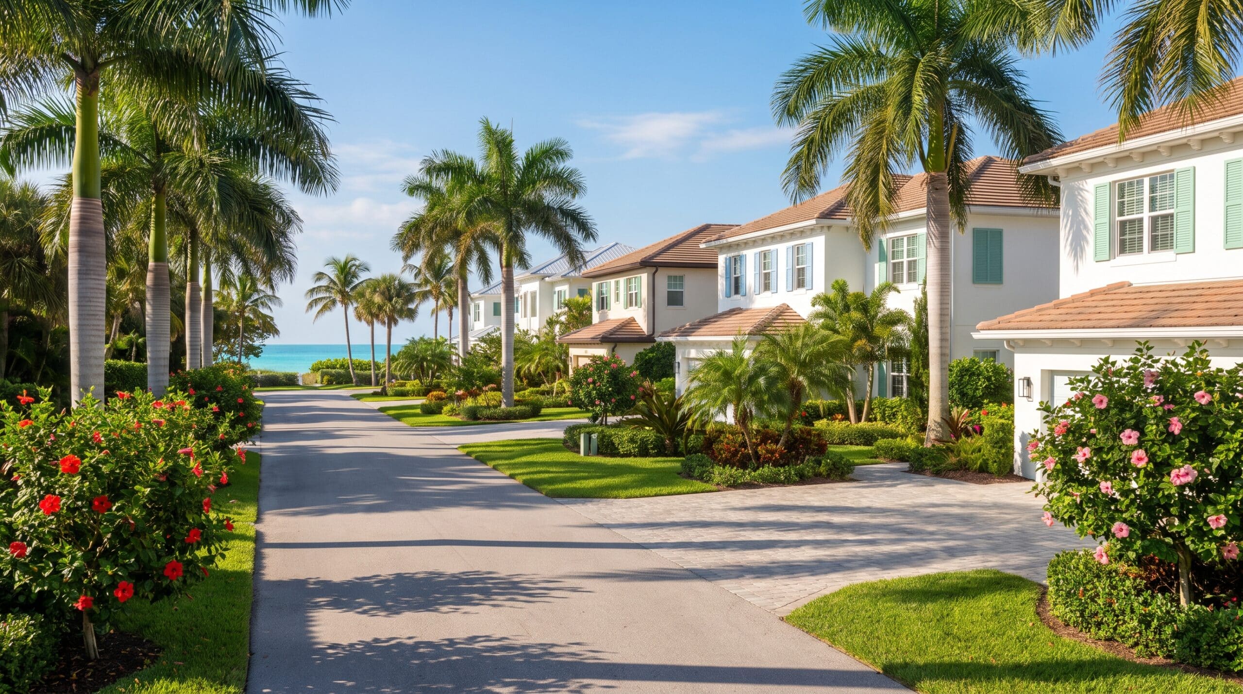 Ai-generated illustration of a palm-lined coastal residential street.
