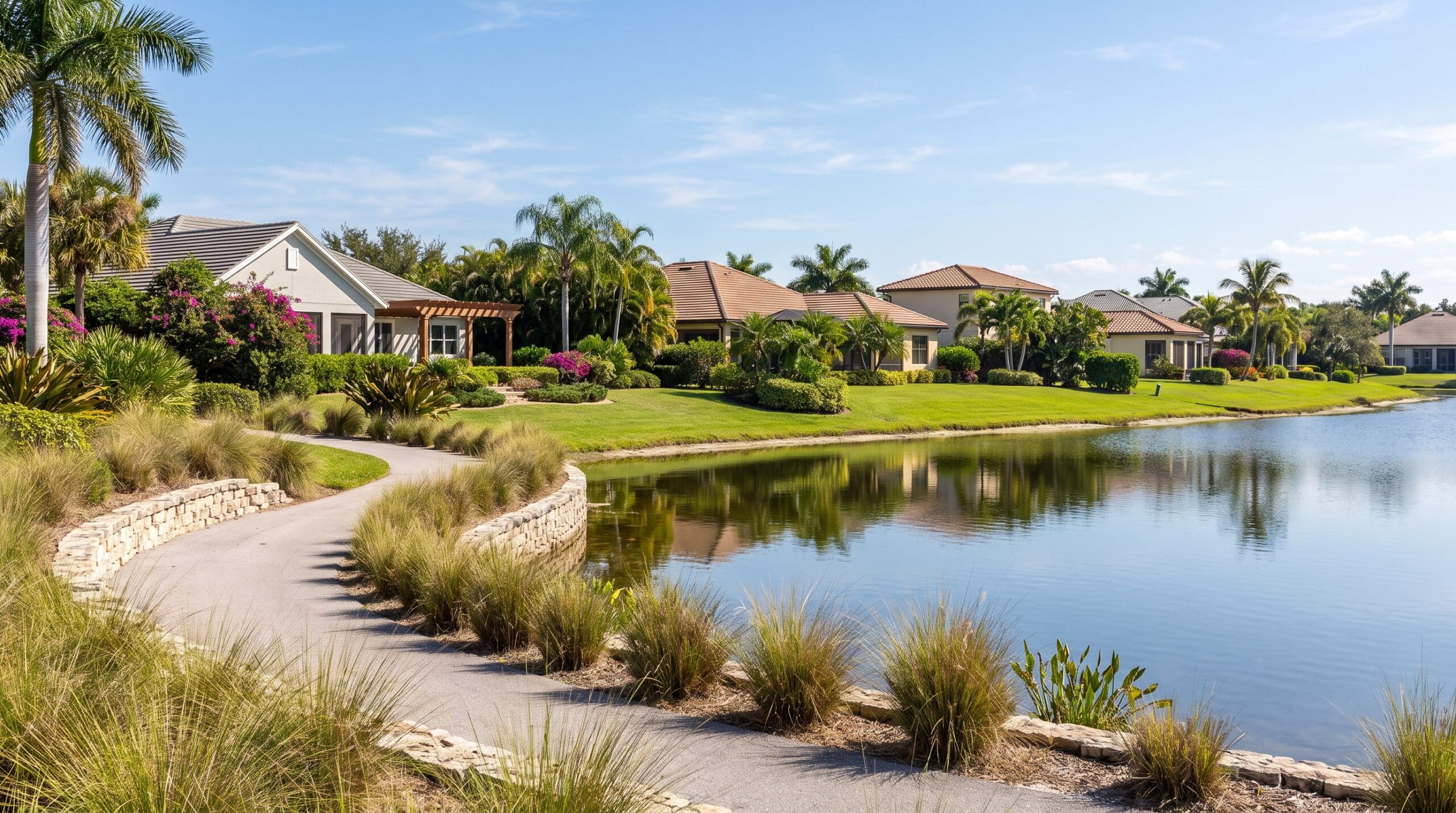 Ai-generated illustration of a landscaped neighborhood lake, walking path, and homes across the water.