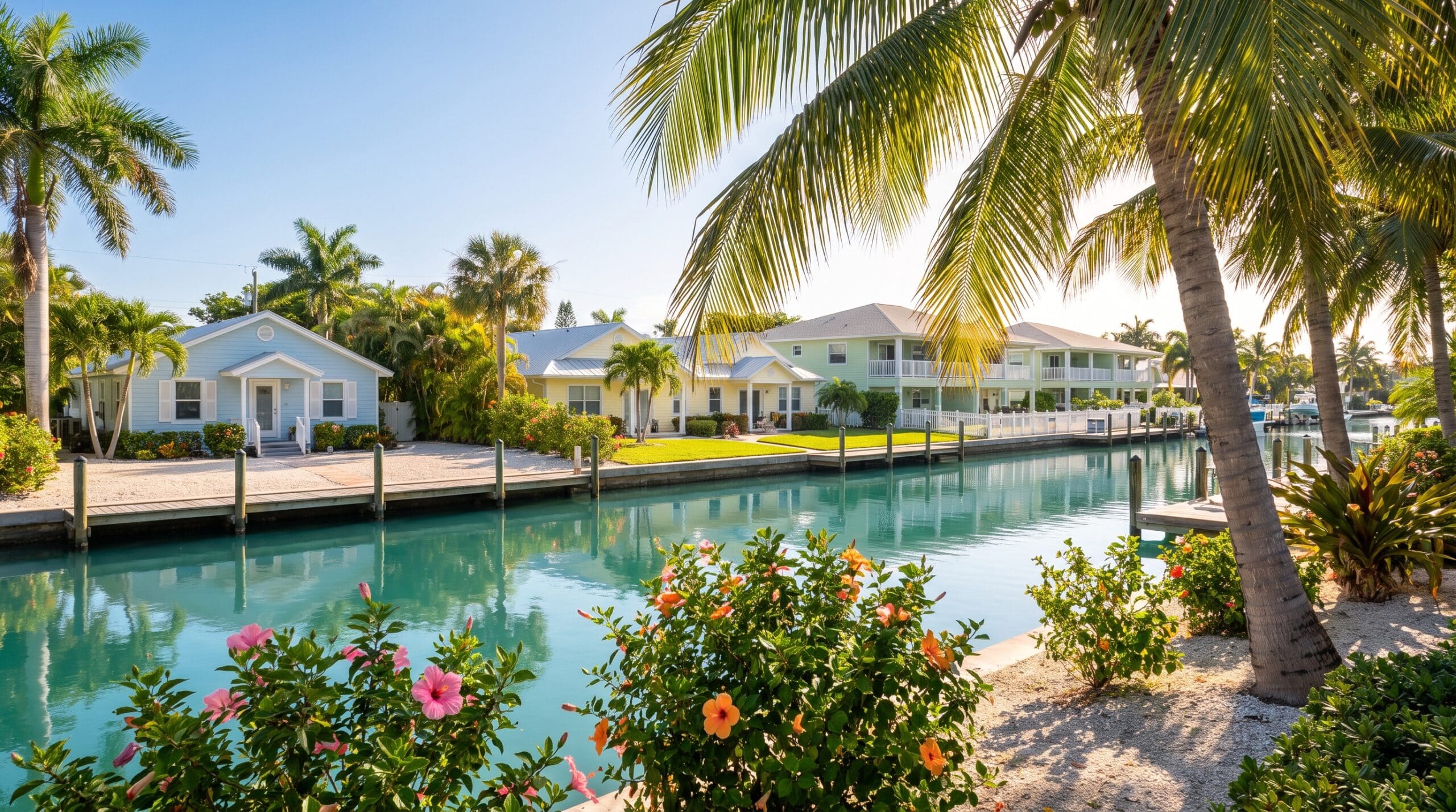 Ai-generated illustration of a canal lined with coastal cottages, docks and palms