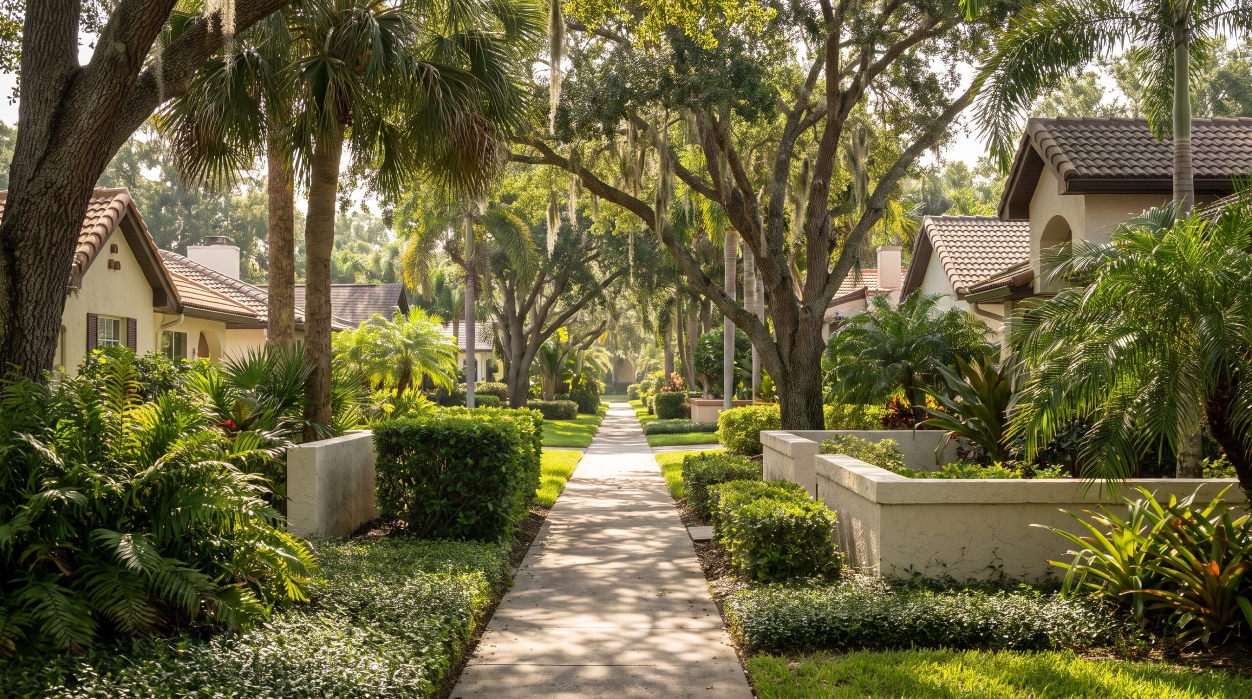 Ai-generated illustration of a shaded neighborhood sidewalk beneath oaks and palms, with low stucco houses behind garden hedges.