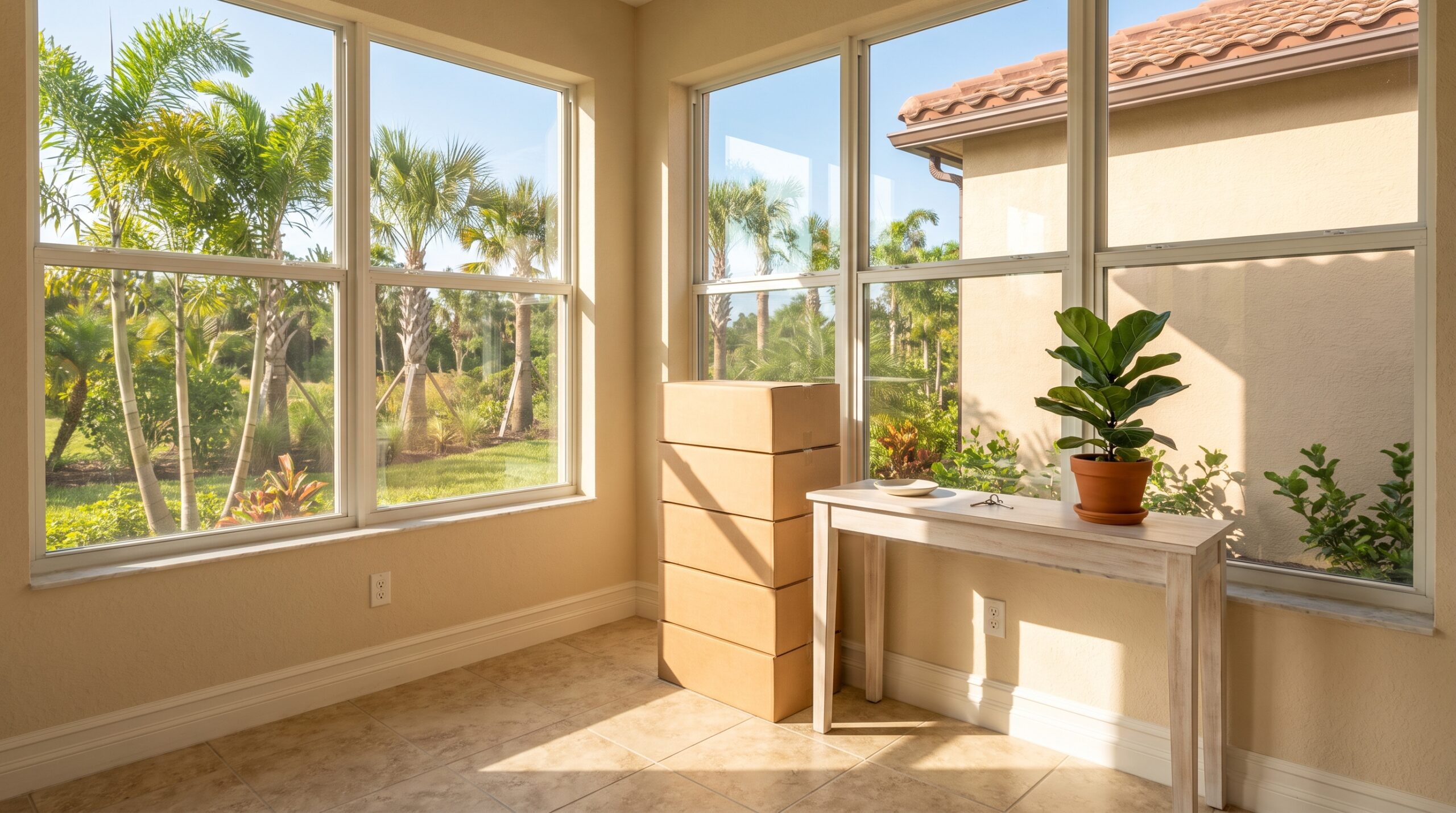 Illustration of moving boxes and a potted plant in a bright living room, representing a move to a smaller home.